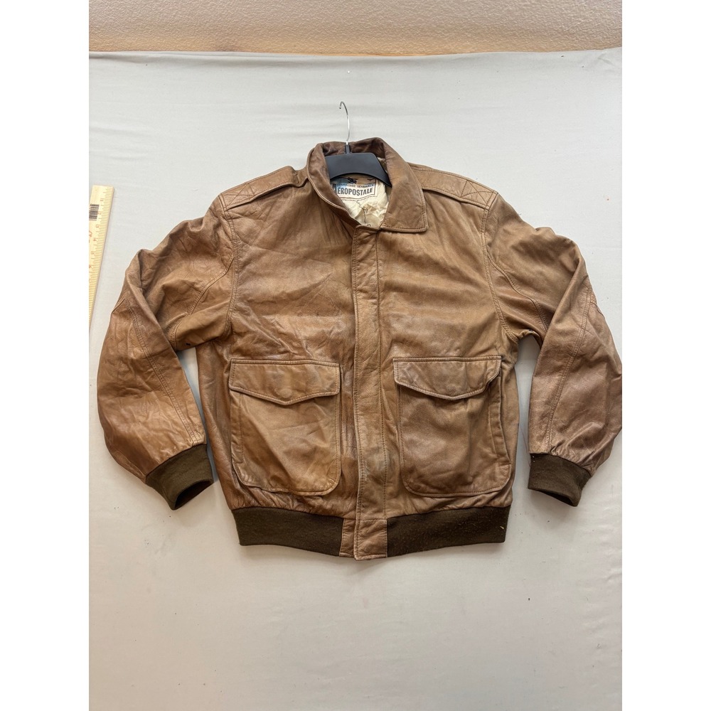 Vintage Aeropostale Leather Bomber Jacket Brown Aviator Map Lining Mens Medium